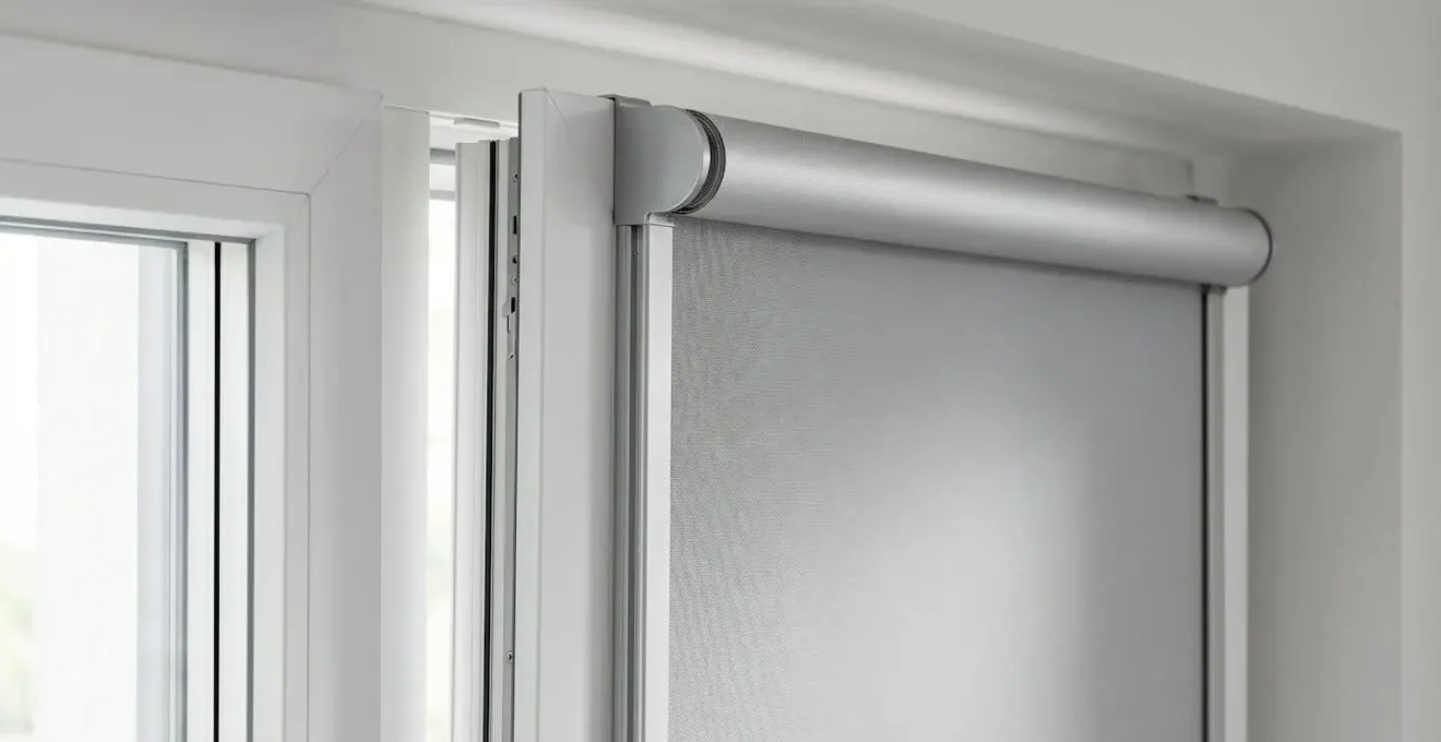 Gros plan sur un store enrouleur occultant avec tissu blackout gris clair installé sur fenêtre PVC, mécanisme d'enroulement en aluminium et coulisses latérales de guidage visibles