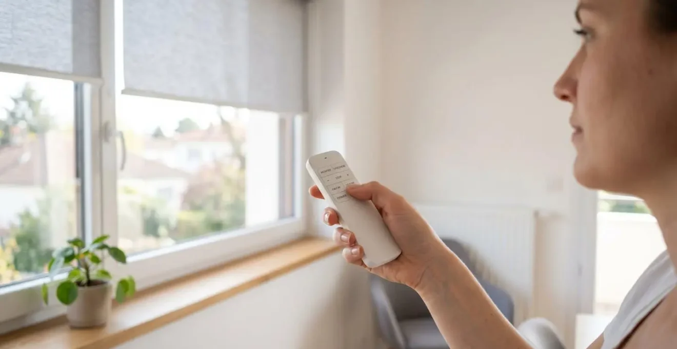 Main tenant une télécommande radio blanche pour contrôler un store motorisé visible en arrière-plan flou sur une fenêtre dans un intérieur contemporain français