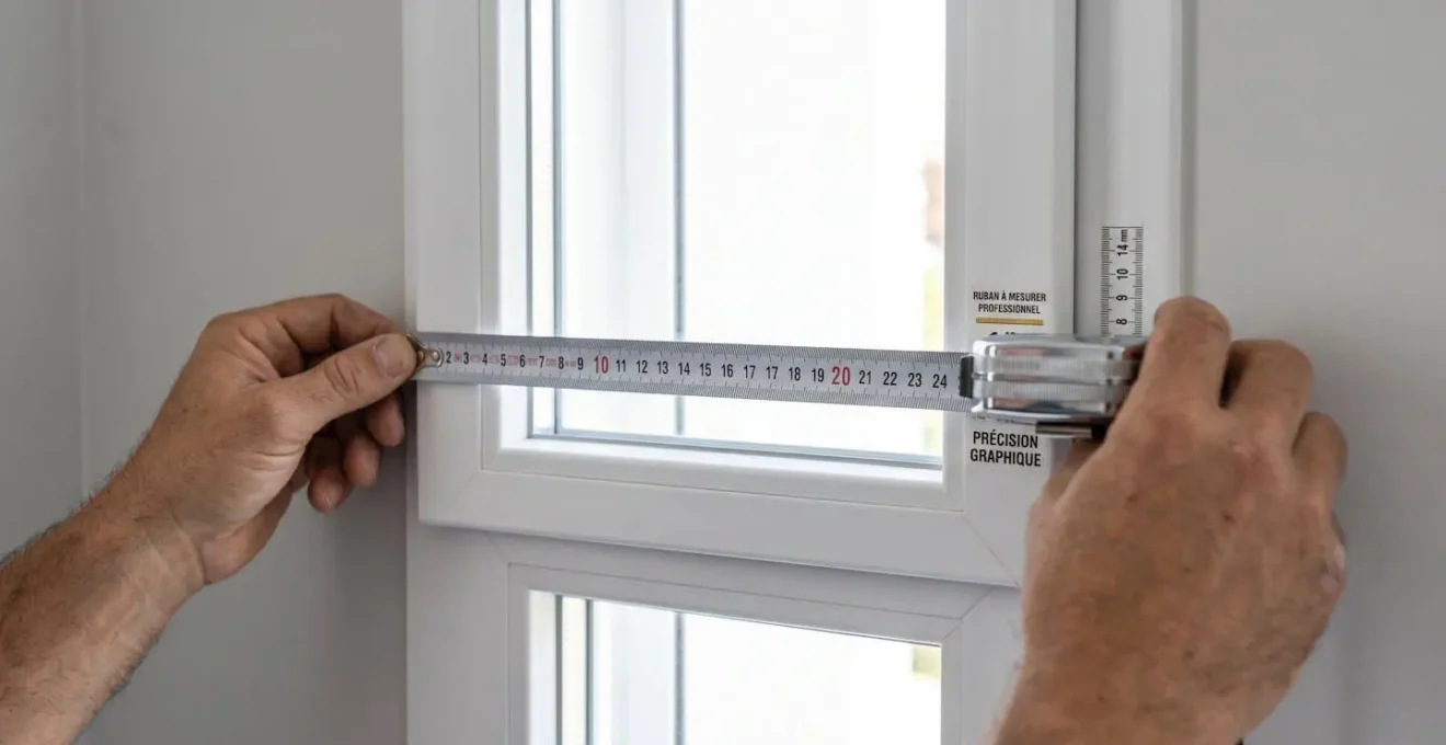 Mains tenant un mètre ruban métallique pour mesurer la largeur de l'embrasure d'une fenêtre PVC blanche, prise de cotes précise au millimètre près à mi-hauteur